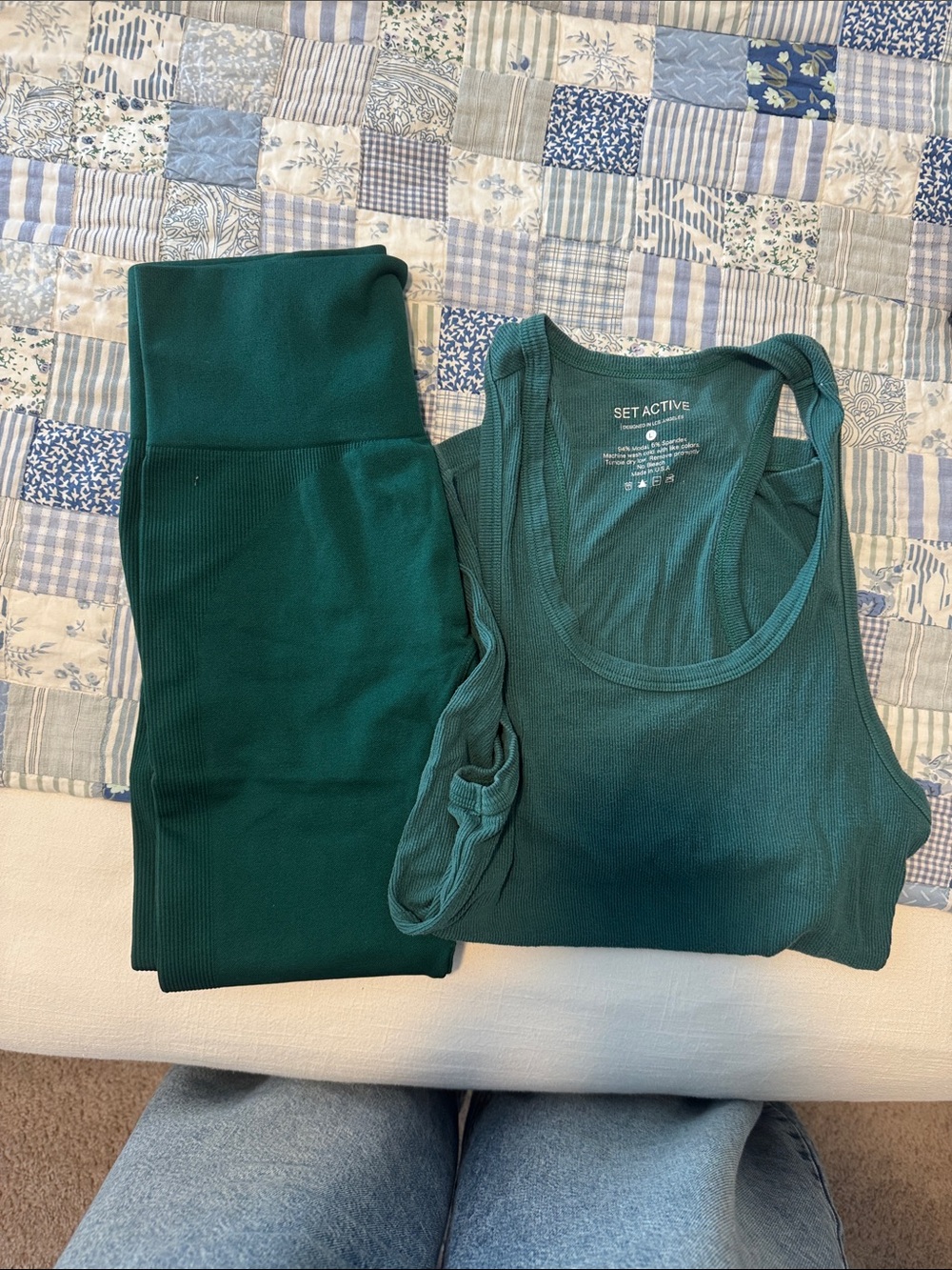 SET Active Deep Teal Ribbed Sports Bra Tank and High-Waist Leggings Set